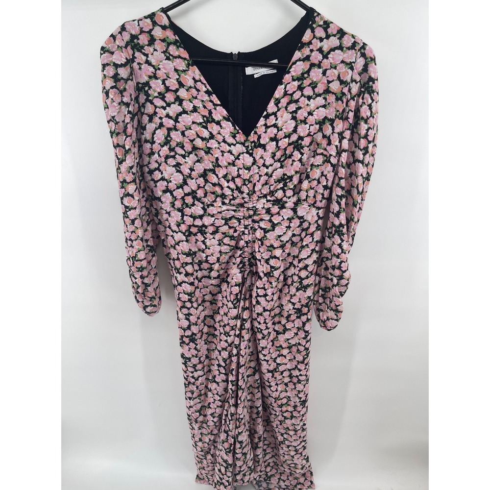 Reserved Floral Maxi Dress Pink Black V-Neck Ruched Long Sleeve Slit Lg UK 10
